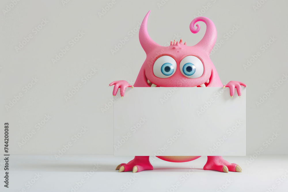 Poster cute 3d monster holding empty space for text! the blank sign offers the option to add your own text 