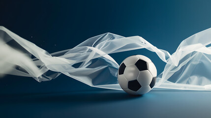 Abstract Soccer Ball with Dynamic Waves on Blue Background - obrazy, fototapety, plakaty