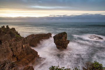 pancake rocks at sunset, New Zealand, sightseeing