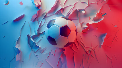 Dynamic Soccer Ball Bursting Through Colorful Abstract Wall - obrazy, fototapety, plakaty