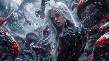 A girl with dark white hair standing in a place where there are many monsters, in the style of futuristic glam, fluid formation, hyper - realistic details, dark silver and light red, machine - like pr - obrazy, fototapety, plakaty