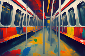 Interior of a public subway train in the underground transportation railway tunnel network with rows of empty seats and handrails urban lifestyle infrastructure concept oil painting style