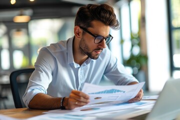 A man is seated at a table, engaged in studying a piece of paper in front of him, Focused businessman examining a detailed business report, AI Generated
