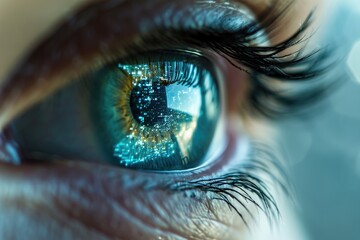 This close-up photo showcases the detailed reflection of a bustling cityscape in the iris of a persons eye, Foreground of a human eye with digital interface reflections, AI Generated - obrazy, fototapety, plakaty