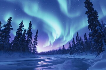 The spectacular natural phenomenon of the Aurora Borealis casting vibrant colors across the night sky above a frozen river, Frozen arctic tundra under the Northern Lights, AI Generated
