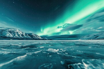 A dynamic display of a green and blue aurora illuminating the night sky with its swirling colors, Frozen arctic tundra under the Northern Lights, AI Generated
