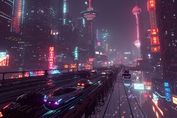Bustling City at Night With Heavy Traffic, Fully automated, neon-lit, futuristic metropolis filled...