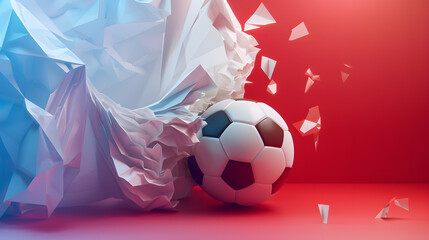 Abstract Soccer Ball with Polygons on Red Blue Background - obrazy, fototapety, plakaty