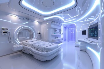 A modern bedroom featuring a sleek and advanced design with a comfortable bed and a high-tech television, Futuristic hospital room equipped with advanced medical technology, AI Generated