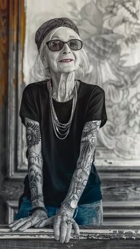 black and white of elderly tattooed woman