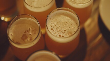 Close-up of four glasses of beer with a frothy white head on a wooden table in a dimly lit pub. - obrazy, fototapety, plakaty