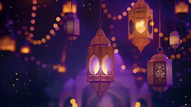Wallpaper with gold lanterns hanging on purple background, colorful animation stills, islamic art and architecture, animated shapes, delicate ink lines, video montages, religious themes.
