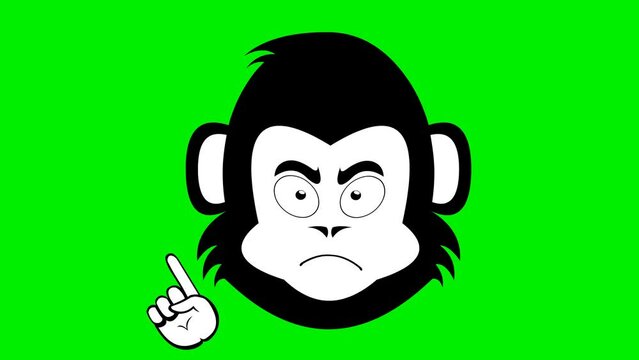 video drawing animation face monkey primate or chimpanzee cartoon saying no with finger index body part, drawn in black and white color. On a green key chroma background