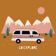 Vector illustration of a car near a canyon. Wild West design