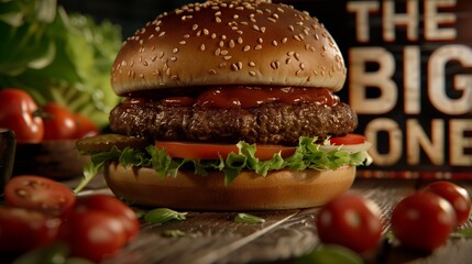 A modern burger advertisement, with the words THE BIG ONE, featuring a delicious huge beef burger, with tomatoes and lettuce in the background,
