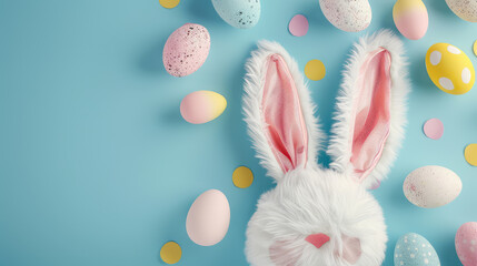 Easter bunny ears on light blue background with space for text and concept for Easter party. - obrazy, fototapety, plakaty