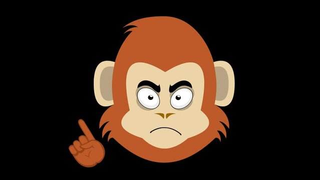 video animation face monkey primate or chimpanzee cartoon saying no with finger index body part. On a transparent background with zero alpha channel