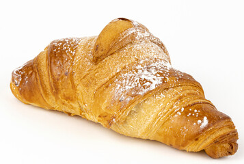 Close-up of a croissant on a white background. The concept of confectionery and various delicious sweets.