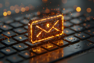 Glowing Email Symbol on Laptop Keyboard - obrazy, fototapety, plakaty