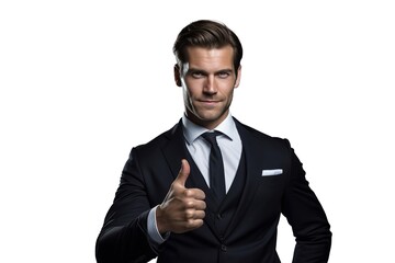A businessman showing a thumbs up sign on transparent background Generative AI