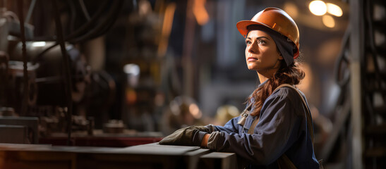 A female metal worker standing in a workshop wearing a protective helmet Generative AI