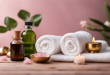 Obraz na płótnie Canvas Beauty treatment items for spa procedures on pink wooden table and gold marble wall massage stones White towels aromatherapy concept Benefits of Hot Stone Massage