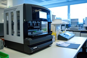 A photo showcasing a substantial machine placed on a table, Gene sequencing machine in a laboratory setting, AI Generated