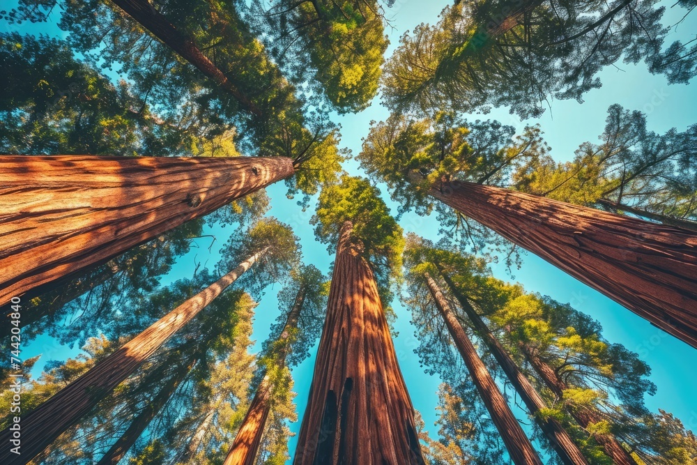 Poster a cluster of towering trees form a dense forest, standing tall and majestic in close proximity to on