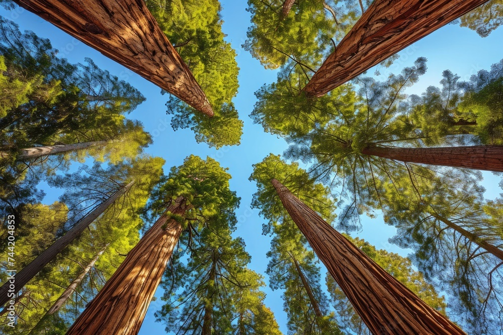 Poster a photo showcasing a cluster of towering trees standing closely together in a forest, giant sequoia 