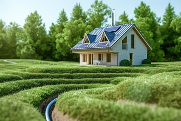 A house stands in the middle of a lush green field under the clear blue sky, Geothermal heating and cooling systems in the construction of energy-efficient residential buildings, AI Generated