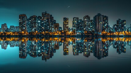 A stunning metropolis reflected in the shimmering waters of the lake, with towering skyscrapers illuminating the night sky and creating a mesmerizing cityscape