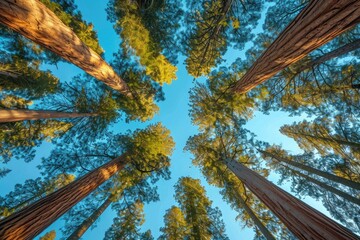 A cluster of towering trees surrounded by dense foliage in a forest landscape, Giant sequoia trees reaching towards the sky, AI Generated