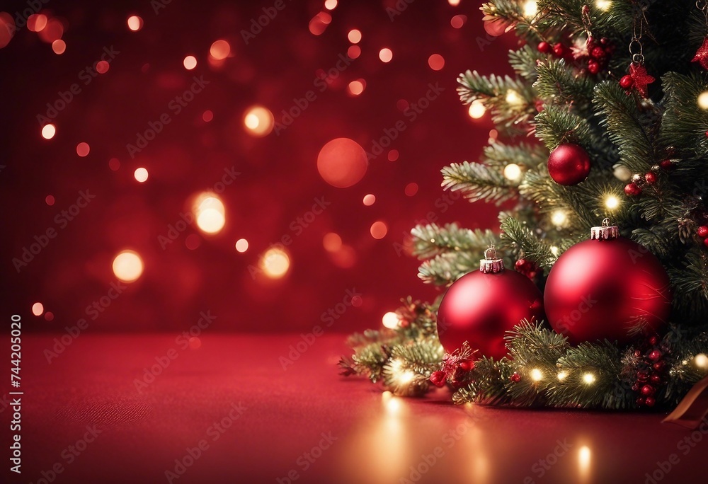 Poster christmas background with xmas tree and sparkle bokeh lights on red canvas background merry christma