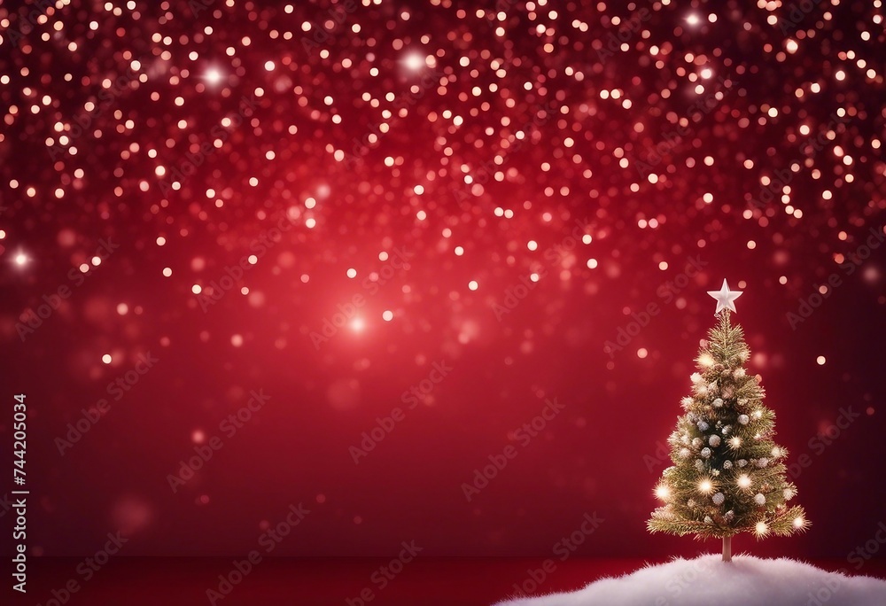 Poster christmas background with xmas tree and sparkle bokeh lights on red canvas background with a lot of 