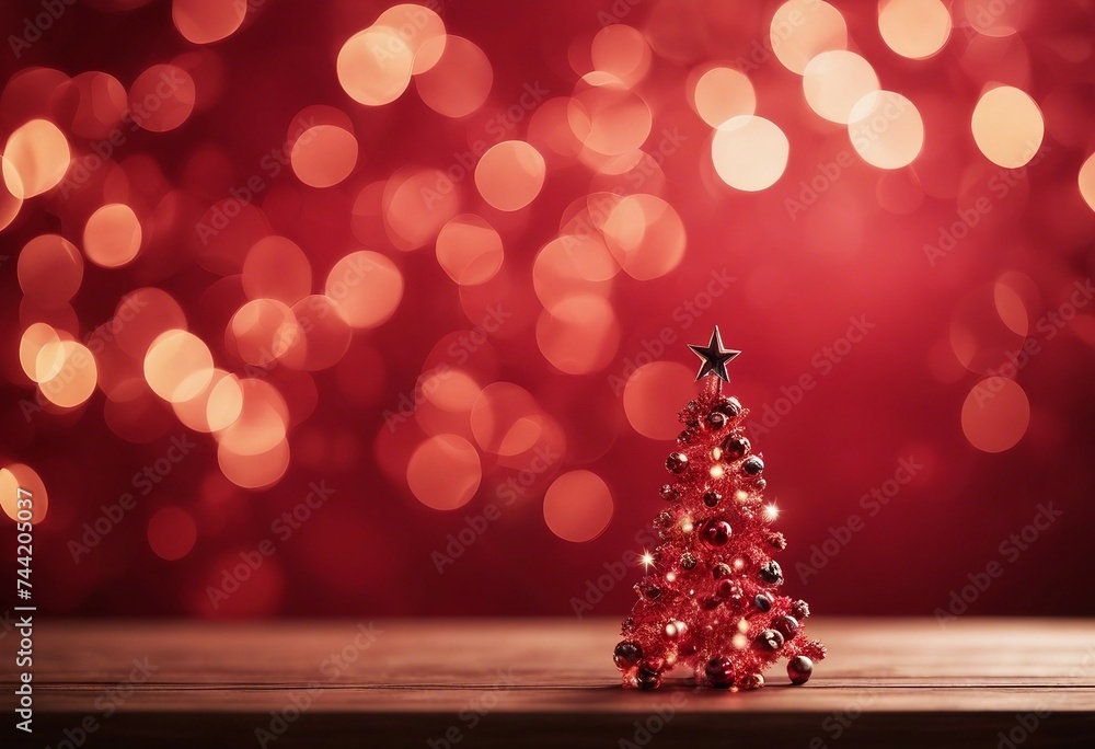 Poster christmas background with xmas tree and sparkle bokeh lights on red canvas background merry christma
