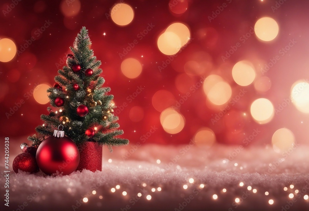 Poster christmas background with xmas tree and sparkle bokeh lights on red canvas background merry christma