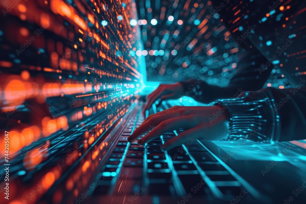 Poster a person diligently typing on a laptop in a dimly lit room with minimal light, glowing lines of code