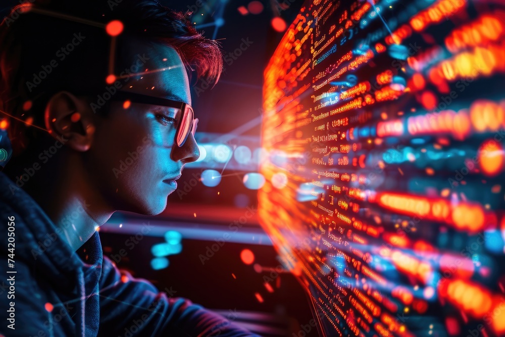 Poster man examining a wall of data, glowing lines of code flowing around a user securely browsing the inte