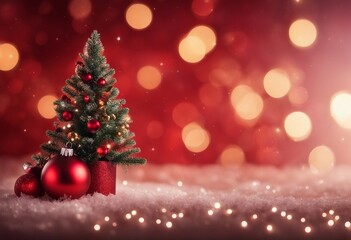 Fototapeta na wymiar Christmas background with xmas tree and sparkle bokeh lights on red canvas background Merry christmas copy space for your postcard