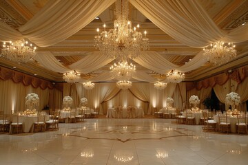 Lavish Ballroom With Chandeliers and Tables, Grand ballroom with chandeliers and silk drapes for a fairy tale wedding, AI Generated - obrazy, fototapety, plakaty