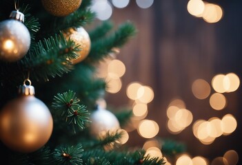 Christmas Tree With Golden Baubles And Blurred Shiny Lights Close up