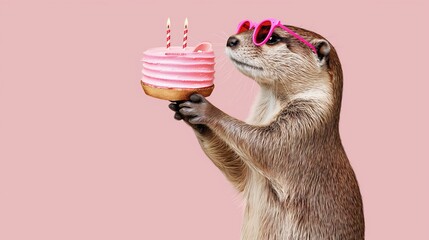 Otter holds a congratulatory cake with two candles in its paws for a birthday, joyful event