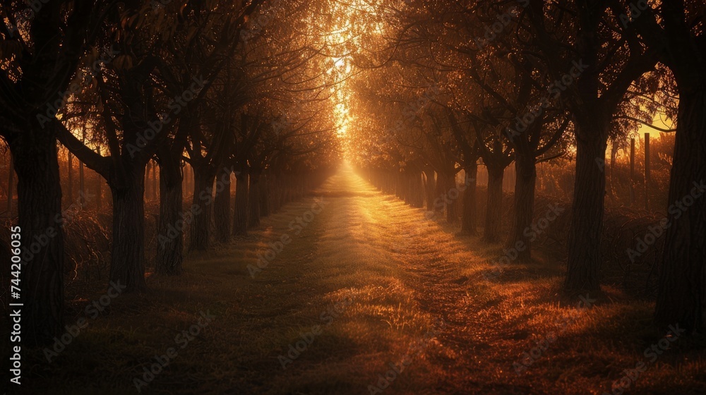 Poster a tranquil journey through a mystical forest, as the sun sets behind a blanket of fog, casting a war
