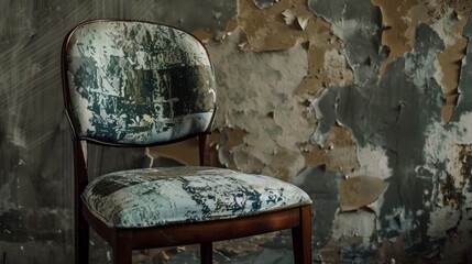 Advertising - podium photo of beautiful modern dining room chair with old faction fabric old fabric peeling off nicely and a nice new lather being upholstered on a solid background 