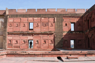 AGRA, UTTAR PRADESH / INDIA - FEBRUARY 9, 2012 : Ruins of palace of Akbar in Agra fort.