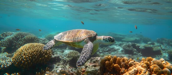 A green sea turtle gracefully swims among colorful corals in the underwater Pacific reef of New Caledonia Oceania.