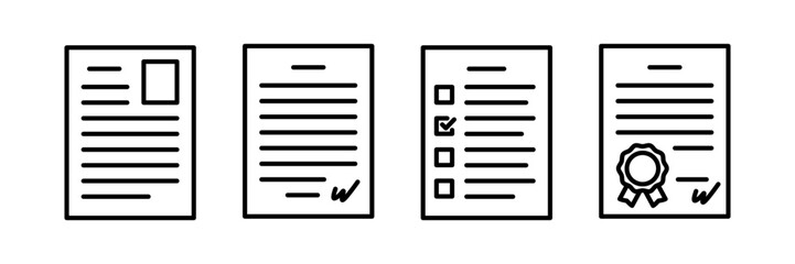 Document line icon set in flat style. Profile, questionnaire, certificate and contract symbols on a white background. Simple abstract icons. Vector illustration for graphic design, web, mobile app, ui