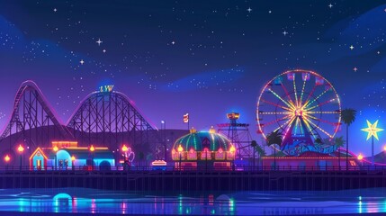Amusement park at night - ferris wheel and motion rollercoaster - obrazy, fototapety, plakaty