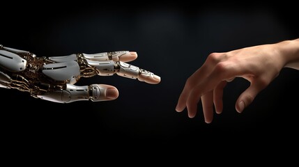 Robot hand making contact with human hand. 3d rendering