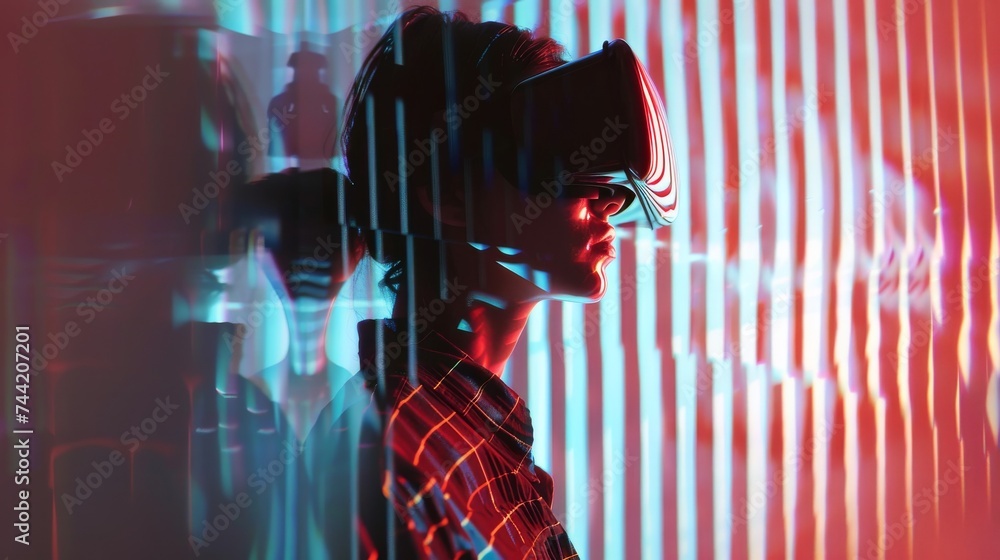 Poster a person immersed in a sea of maroon and red lights, creating a virtual world of art